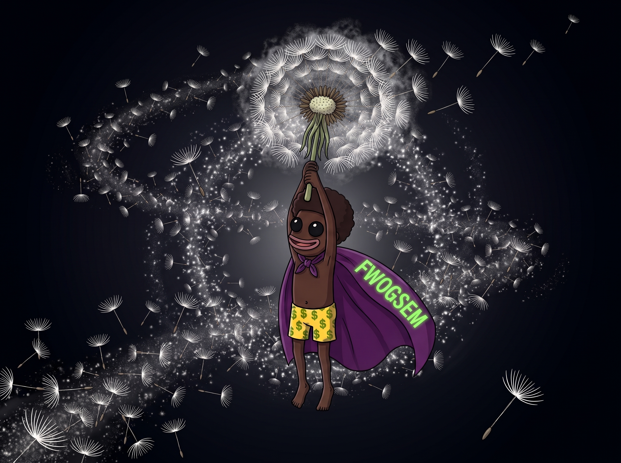 Fwogsem floating with a dandelion in the cosmos