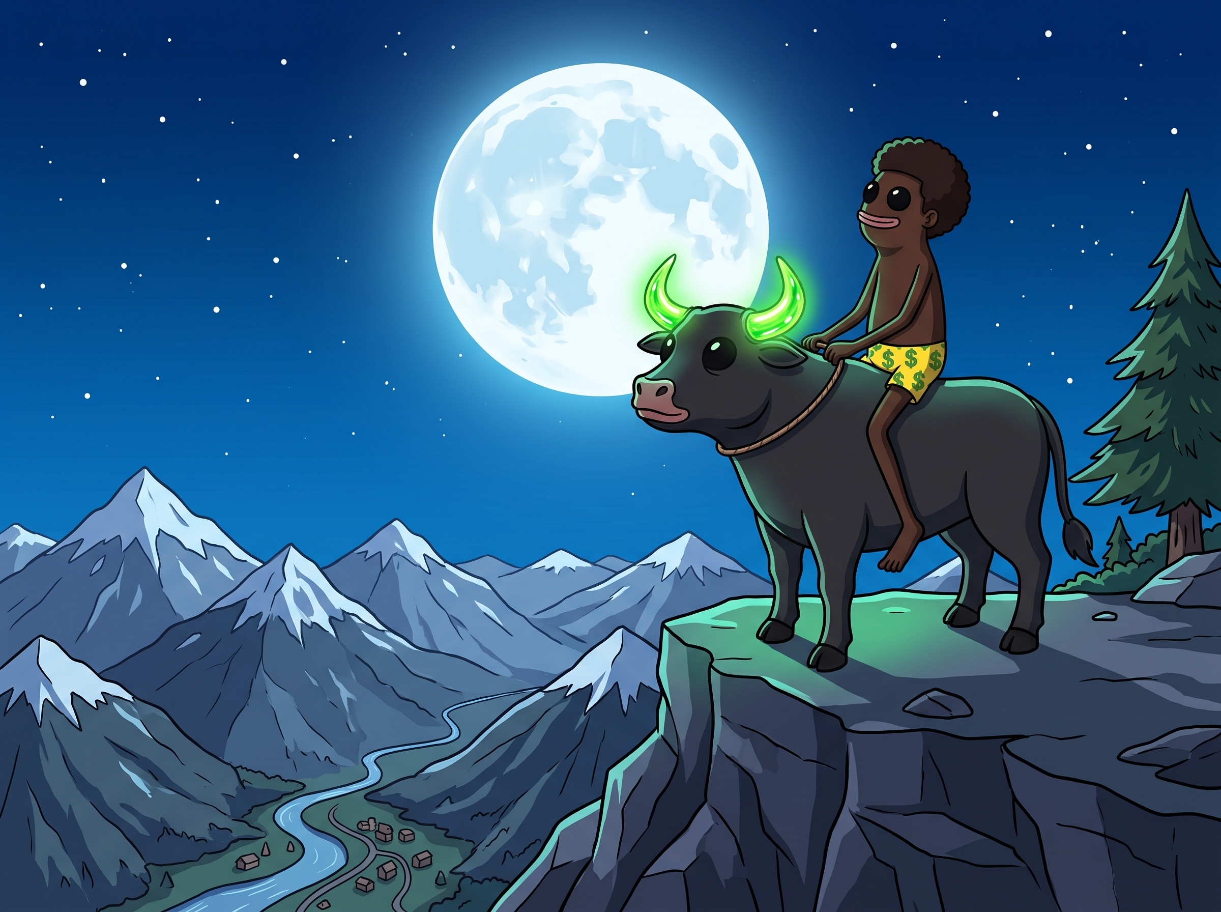 Fwogsem riding the bull under the moon in the mountains